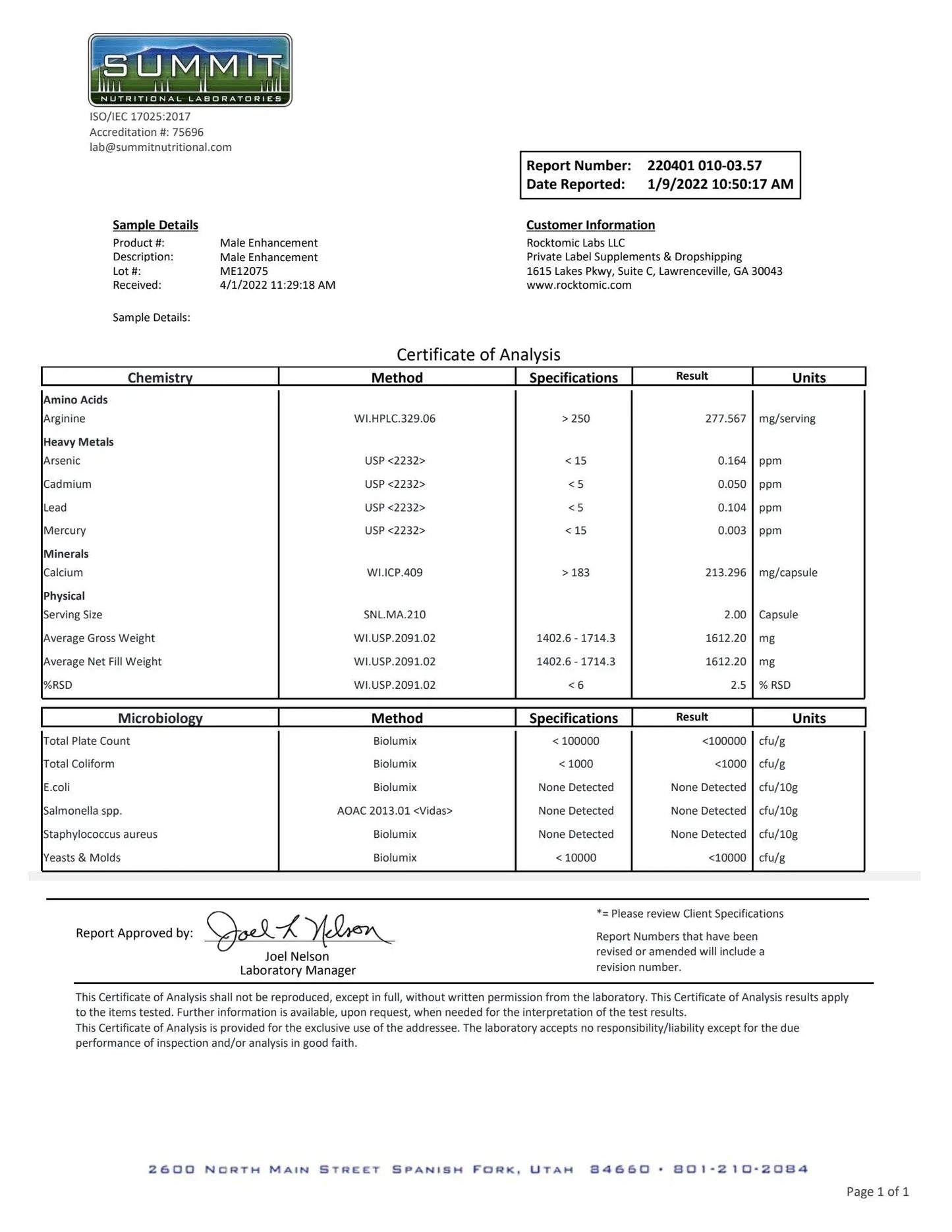 180TEST Natural Test Support Certificate of Analysis
