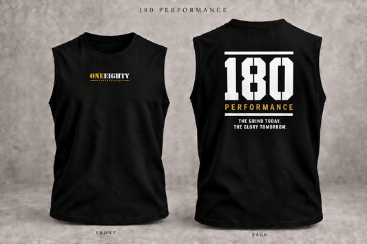 Black sleeveless athletic tank top shown from the front and back on a gray textured background. The front has a small yellow and white 'ONEEIGHTY PERFORMANCE' logo on the left chest.