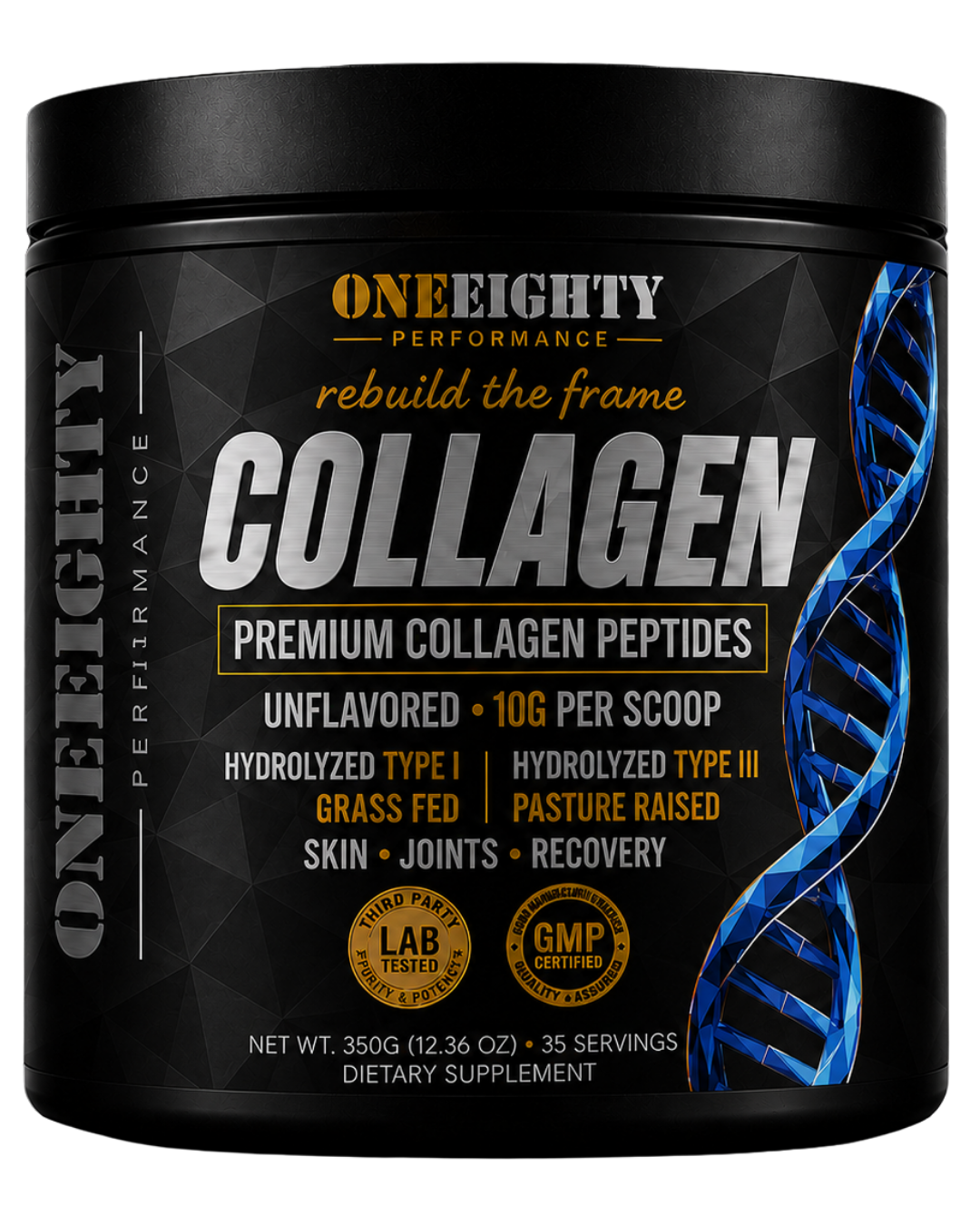 A black plastic tub of OneEighty Performance Collagen dietary supplement with a black label featuring blue and gold text and graphics, set against a plain white background.
