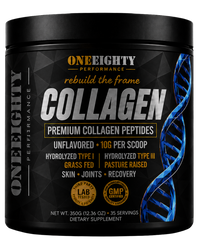 A black plastic tub of OneEighty Performance Collagen dietary supplement with a black label featuring blue and gold text and graphics, set against a plain white background.
