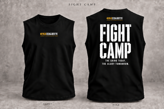 Black sleeveless athletic tank top shown from the front and back on a gray textured background. The front has a small yellow and white 'ONEEIGHTY' logo on the chest, and the back has large distressed white 'FIGHT CAMP' text with smaller white slogan text below.