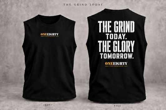 Black sleeveless muscle tank top shown from the front and back on a gray textured background. The front has a small yellow and white 'ONEEIGHTY PERFORMANCE' logo on the left chest.