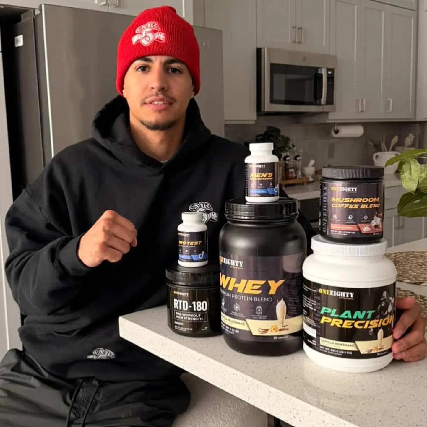 OneEighty Performance athlete Victor Guerrero with his supplement stack in Las Vegas